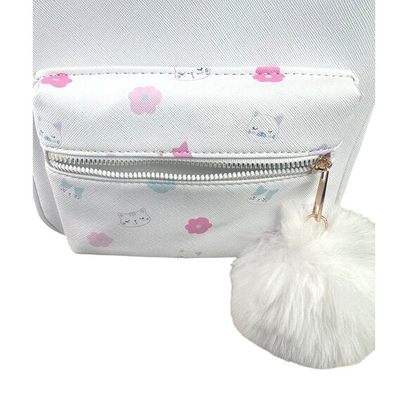 Under One Sky Decorative White Backpack Cute Cat & Flower Print Pom Pom Accent - Picture 10 of 11